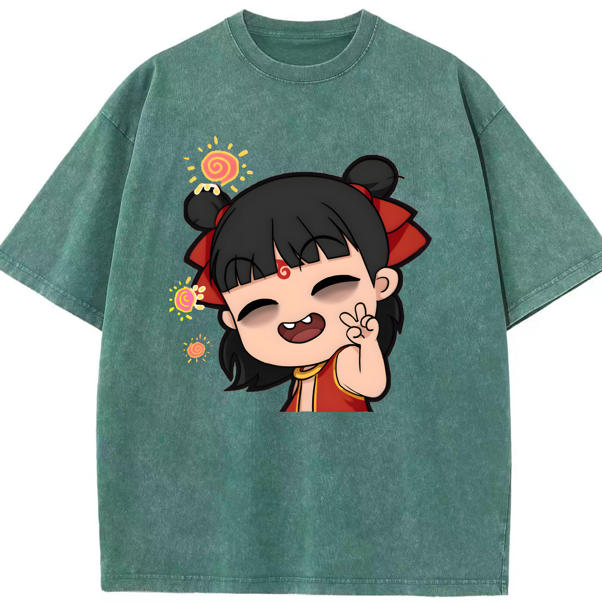 （画像用） Ne Zha 2 ナタ 魔童の大暴れ 綿100% ヴィンテージ風 半袖Tシャツ（フロントプリント）